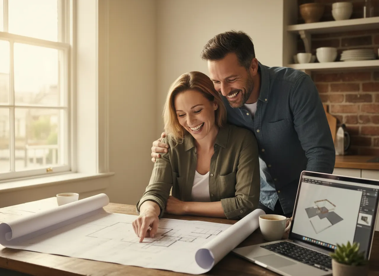 Smiling homeowner couple reviewing renovation plans together